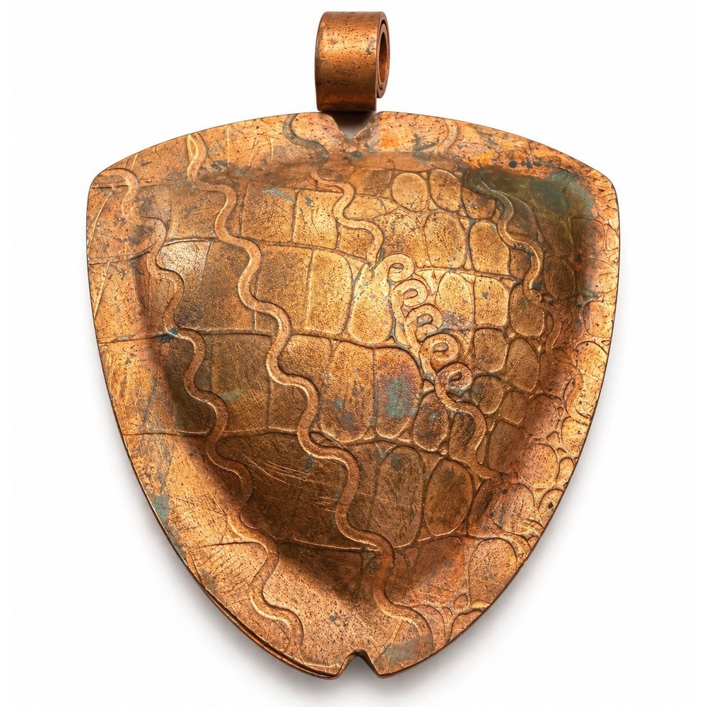Vintage Hammered Copper Shield Pendant Handmade Artisan Etched Abstract 2.5"